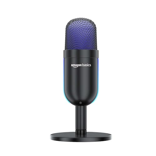 amazon basics Condenser USB Microphone with Adjustable Stand | Plug and Play | RGB Effects for Recording, Streaming, Gaming, Podcasting for PC and Mac (Black)