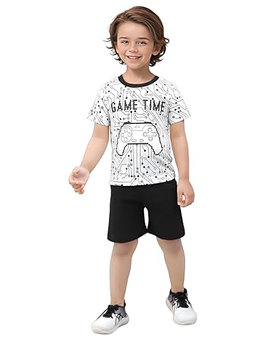 Toonyport Kids Gamer Printed T-Shirt and Shorts Set (White & Black) (12 Months – 18 Months, White & Black)
