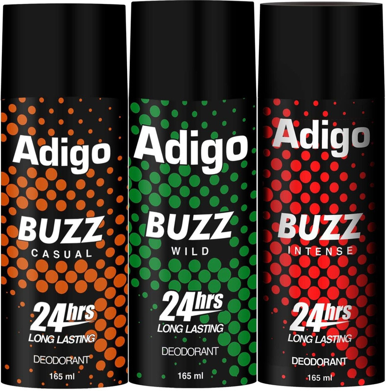 adigo Buzz Wild| Casual | Intense 24hrs Long Lasting Deodorant | 165ml Each Deodorant Spray  –  For Men(165 ml, Pack of 3)