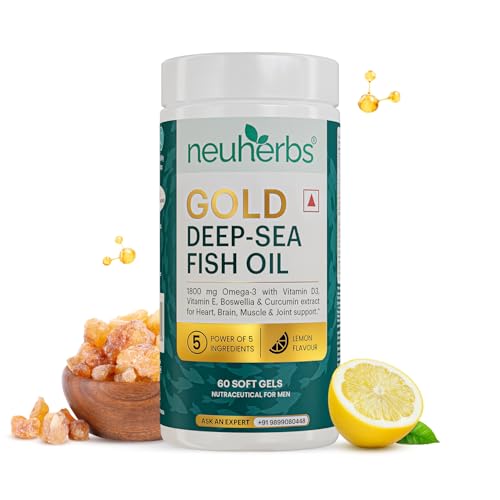 Neuherbs Gold Deep Sea 6X Omega 3 Fish Oil Capsules – 60 Softgels | EPA – 1080mg & DHA – 720mg | Vitamin E & D3 For Muscle, Brain & Joints Support | Lemon Flavour | No Fishy Burps| Heavy Metals Tested