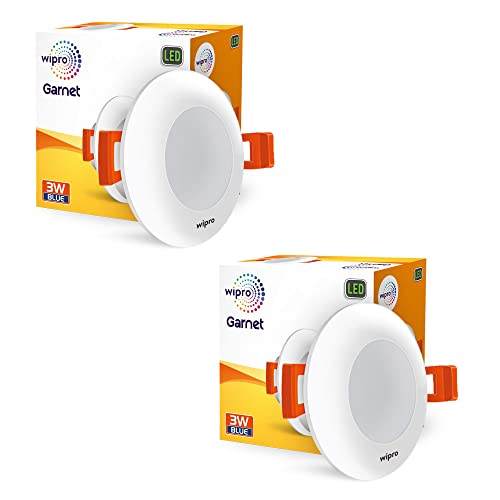 Wipro Polycarbonate Garnet 3W Led Mini Downlight for Home & Cabinet| Blue|Compact Design with 120° Beam Angle|Recessed Down Light for False Ceiling|Cutout-2.3 Inch|Pack of 2