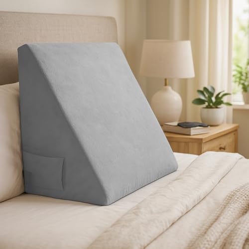 Sleepsia Wedge Cushion | 1 Year Warranty | Wedge Pillows for Bed, Orthopedic Memory Foam Back Support Pillow for Bed | Acid Reflux, Pregnancy, GERD, Back & Leg Support- Grey, 20″ Lx17.4 Wx10 H