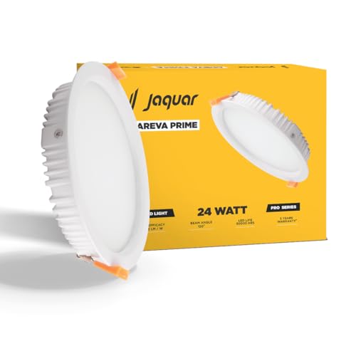 Jaquar 24W Areva Prime Round Downlight with Aluminum housing | 5 Year Warranty | Warm White (3000k) Sleek Backlit Design | Recessed Mounted False Ceiling | 207 mm Cutout |225×28 mm (Pack 1)