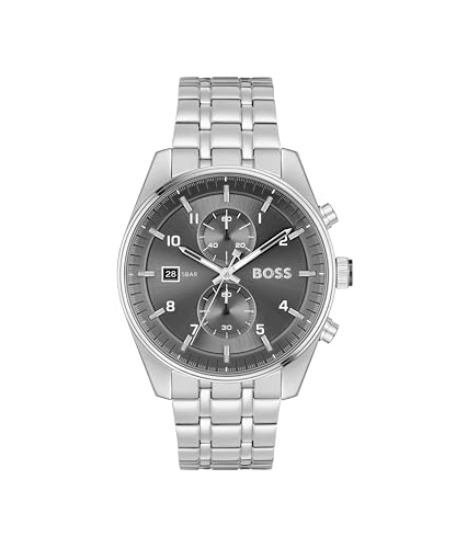 BOSS Skytraveller Qtz Fashion Chrono Grey Round Dial Men’s Watch|Stainless Steel Material|Silver Color Band – 1514151