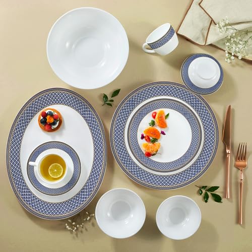 Larah by Borosil Emerald Weave Opalware Dinner Set | 60 Pcs for Family of 8 | Microwave & Dishwasher Safe | Bone-Ash Free | Crockery Set for Dining & Gifting | Plates & Bowls