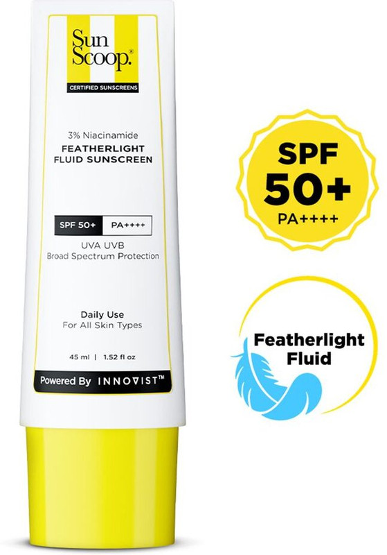 SunScoop Sunscreen – SPF 50 PA++++ 3% Niacinamide Fluid Sunscreen | Super Light | Prevents Tanning(45 g)