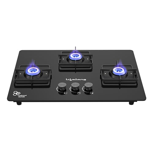 Lifelong 3 Gas Burner Top – 3 Burners Hob Top Gas Stove with Automatic Ignition – Toughened Glass top Gas Stoves for Home & Kitchen – Automatic Gas Stove for Modern/Modular Kitchen (LLHT923)Open,Black