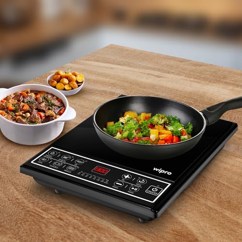 Wipro Vesta CIC102 Induction Cooktop 1600 Wwith soft Push button| Crystal Glass Plate|7 Segment LED display For power And temperature settngs For fast cooking,Black