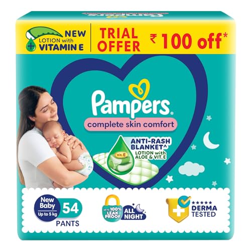 Pampers Complete Skin Comfort Pants, Anti-rash blanket, Lotion with Vitamin E & Aloe Vera, New Born/X-Small (NB/XS), 54 Count, Upto 5kg