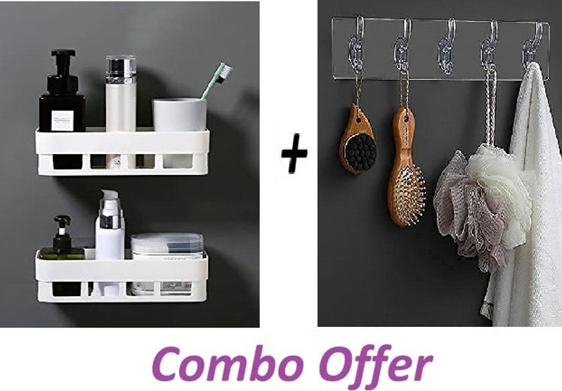 COPF 3pc(2 Bathroom Shelves +6pcs Self Adhesive Hooks Heavy Duty) Plastic Wall Shelf(Number of Shelves – 2, White)