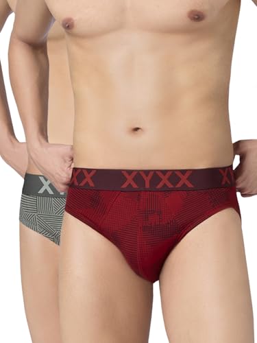 XYXX Mens Cotton Modal Brief, Snug fit, Printed, Pack of 2, XYBRF2PCKN825XL, Code Red+Linear Grey, XL