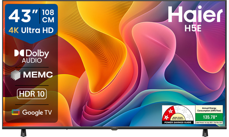 Haier 108 cm (43 inch) Ultra HD (4K) LED Smart Google TV 2025 Edition with Voice Assistance Remote Control HDR10 MEMC Dolby Audio Total Sonic Chromecast Built-in Dual Band Wi-Fi 2GB RAM + 32GB ROM(43H5E)