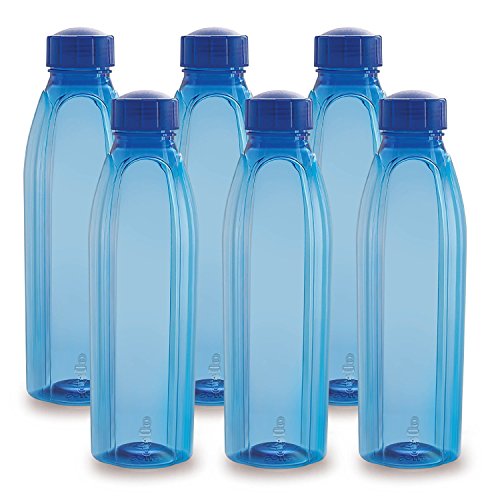 CELLO Crystal Water Bottles Set of 6, 1000 ml Each, Blue | Food Grade, Unbreakable & Reusable Set of Bottles | Air Tight Leakproof Easy to Carry Set of Fridge PET Bottles For Kitchen, Office, Travel