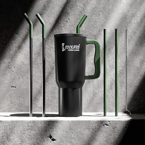 Cockatoo Stainless Steel Double Insulated Tumbler Water Bottle for Hot, & Cold Drink | Leakproof Handle Sipper Tumbler with 2 Reusable Steel Straw, and 2 Brushes|1.2L Black