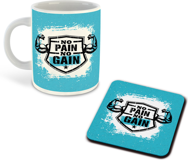 whats your kick No Pain No Gain Gym Printed White Coffee With Coaster – D22 Ceramic Coffee Mug(325 ml)