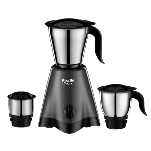 Preethi Tiara Mixer Grinder | 500 Watt | 2yr Guarantee & Lifelong Free Service I 3 Stainless Steel Jars (0.3L, 0.7L and 1.2L) | Grey & Black