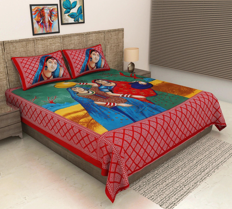 METRO LIVING Cotton Double Flat 144 TC Jaipuri Prints Bedsheet(Pack of 1, Red)