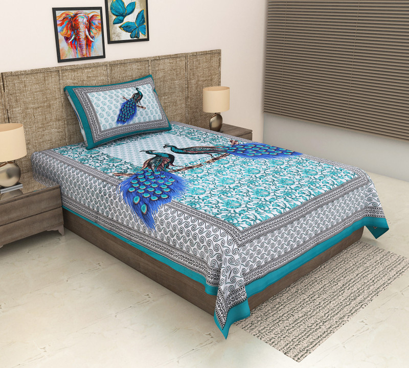 METRO LIVING Cotton Single Flat 144 TC Jaipuri Prints Bedsheet(Pack of 1, Green)