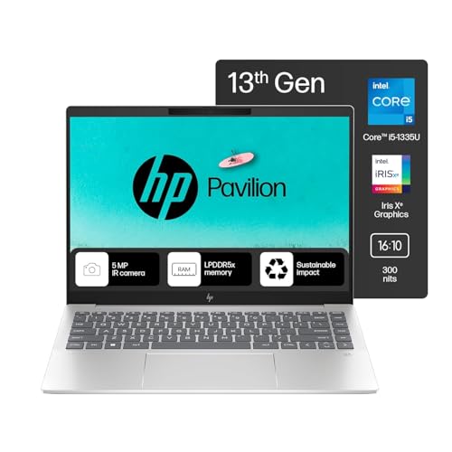 HP Pavilion Plus, Intel Core i5-1335U-13th Gen Laptop, (16GB LPDDR5x,512GB SSD),IPS, 300 nits, 14”(35.6cm) 2K,Win 11, M365 Basic(1yr), Office Home 24, Silver,1.38kg, 5MP Camera w/Shutter, ew0107TU