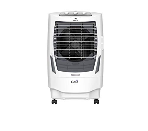 Havells Celia 55L Air Cooler for home | Ice Chamber | Collapsible Louvers | 4 Leaf Metal Blade | Powerful Air Delivery | Everlast Pump | 3 Side High Density Honeycomb Pads | Heavy Duty (White/Grey)