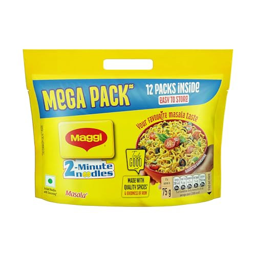 MAGGI 2-Minute Instant Noodles, Masala Noodles With Goodness Of Iron, Made With Choicest Quality Spices, Favourite Masala Taste, 840/900g Pouch (Pack of 12, 70/75g each) (weight may vary)