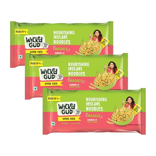 Wickedgud Whole Wheat Masala Noodles 240g (Pack of 4) x 3 | No Maida | No Palm Oil | Source of Protein