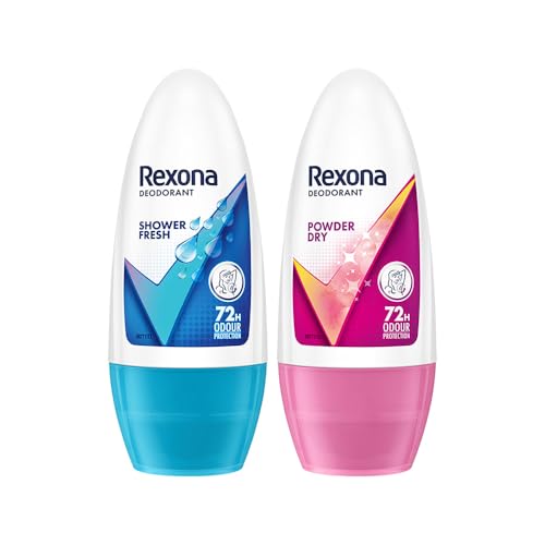 Rexona Shower Fresh Underarm Roll On Deodorant (50 ML), and Powder Dry Underarm Roll Deodorant on (50ML), Long-Lasting 72 Hours Odour Protection | Alcohol-Free Formula, Dermatologically Tested | (Combo of 2)