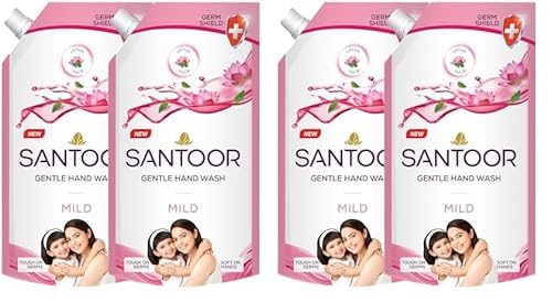 Santoor Mild Gentle Hand Wash 675ml, Pack of 4 with Goodness of Lotus & Tulsi| Rich Lathering Formula with Anti-Bacterial Properties| Soft on Hands| Soothes & Hydrates Skin