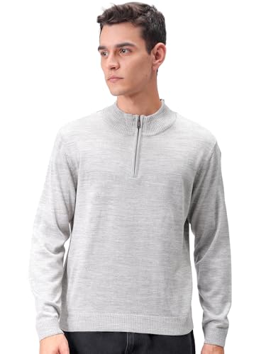 The Indian Garage Co Men Relaxed Fit Solid High Neck Sweater (Grey_L)