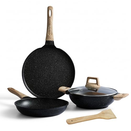 Lifelong 3 Piece Die-Cast Cookware Set With Common Lid & Wooden Spatula| 2.2L Kadhai with Lid 24cm |1.4L Fry Pan 24cm| 1.2L Tawa 28cm| Induction & Gas Compatible |Non-Riveted Handle |Non-Stick Coating