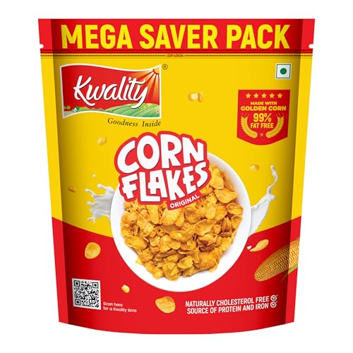 Kwality Corn Flakes 1kg | Made with Golden Corns | 99% Fat Free, Natural Source of Vitamin & Iron | High in Protein & Fiber | Healthy Breakfast Cereal