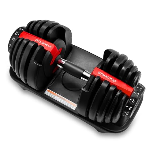 Amazon Brand – Symactive Adjustable Dumbbells 2.5Kgs – 24Kgs | Easy Weight Adjustment | Home Gym Equipment | for Men & Women | Non-Slip Grip, Durable | Red | 44 x 21 x 23 cm