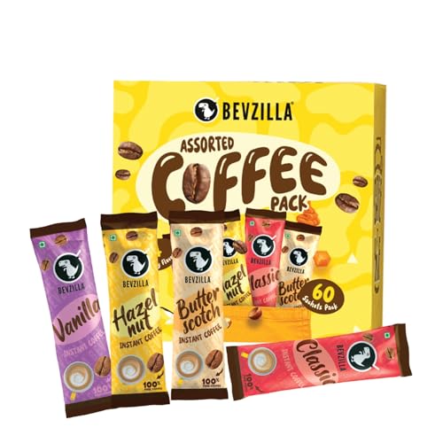 Bevzilla 60 Instant Coffee Powder Sachets (4 Flavours) 120 Grams|Hazelnut,Classic,Vanilla & Butterscotch|15 Pouches Each Flavour|Arabica Coffee|Perfect for Espresso,Latte,Cappuccino|Hot & Cold Brews