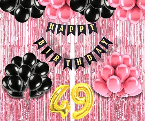Mystic Toy Store 49th Birthday Decoration items for Girls with Black and Pink Balloons, Black Happy Birthday Banner, Pink Foil Curtain, Foil Balloon number 49