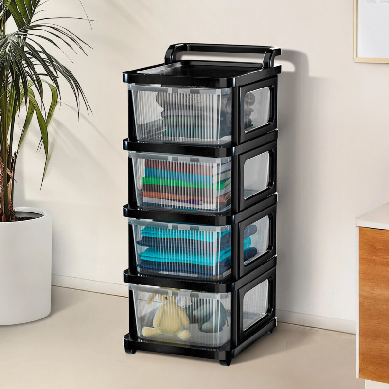 LUXEHOME 4 Layer Plastic Modular Storage Drawer Organizer with Wheels Plastic Free Standing Chest of Drawers(Finish Color – Transparent Black, DIY(Do-It-Yourself))