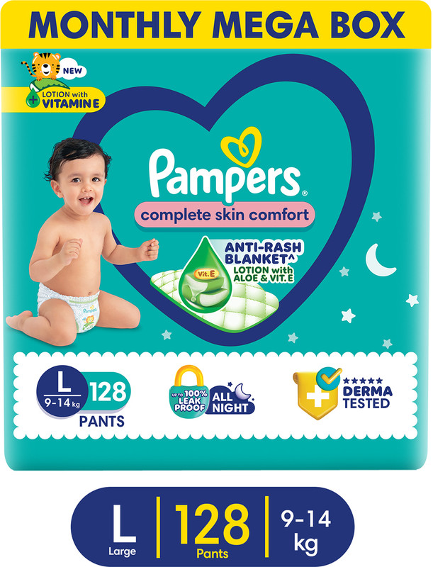 Pampers Complete Skin Comfort Pants, Anti-rash blanket, Lotion with VitaminE & Aloe Vera – L(128 Pieces)