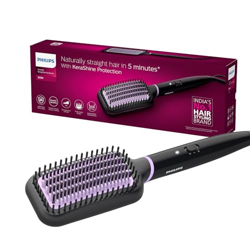 Philips India’s No.1 Hair Styling Brand -Hair Straightener Brush, Naturally Straight in 5 Mins,5X Less Frizz,SilkProtect Keratin Tech,Triple Bristle Fast 50s Heatup,Scalp Protect,For Indian Hair,BHH880