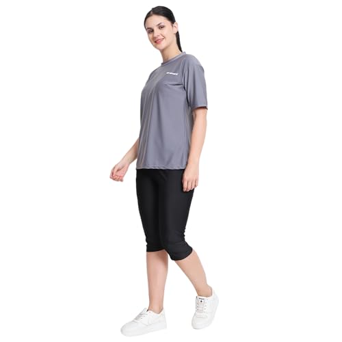 JMT Wear Two Piece Swimming Costume for Women with Removable Pads | Lycra T-Shirt & Tights Swimset for Women Swimwear Half Sleeves Grey