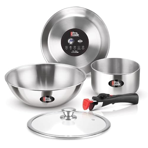 Milton Pro Cook Tri-Ply Stainless Steel Cookware with Detachable Handle I Induction and Gas Ready I Tea Pan 16cm, Fry Pan 22cm, Kadai with Glass Lid 24cm, 5 Year Warranty