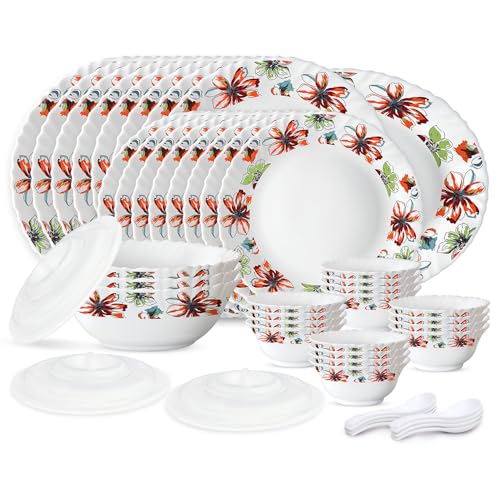 Larah by Borosil Silk Series Bali Opalware Dinner Set | 47 Pieces for Family of 8 | Microwave & Dishwasher Safe | Bone-Ash Free | Crockery Set for Dining & Gifting | Plates & Bowls | Floral Pattern