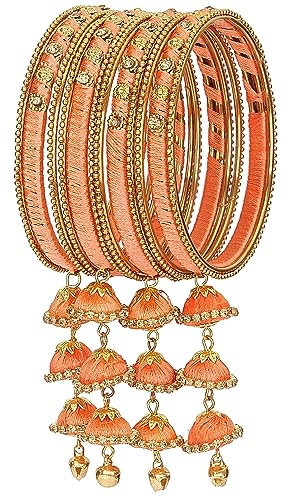 NMII Metal & Silk Thread Jhumka Zircon Latkan Stylish Bangles Set For Women’s and Girls | Women’s Fancy Latkan Bangles Set | Ethnic Fashion Jewellery- Set of 12 Bangle, (G405_Peach-(1)-2.6)
