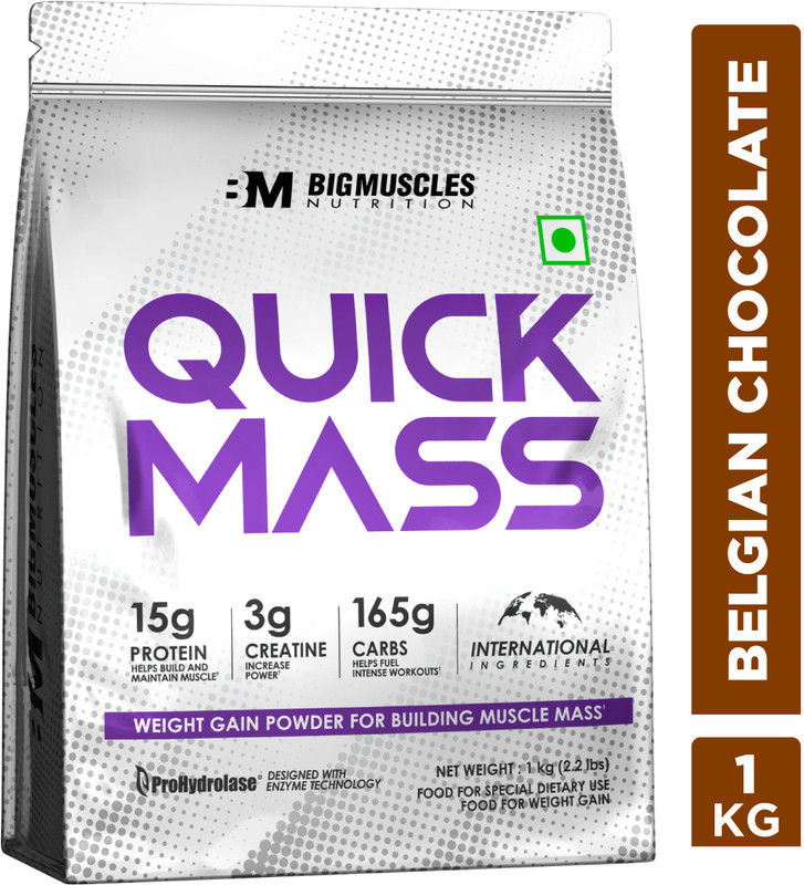 BIGMUSCLES NUTRITION Quick Mass Gainer | With Creatine Monohydrate & Prohydrolase Tech | High Protein Weight Gainers/Mass Gainers(1 kg, Belgian Chocolate)