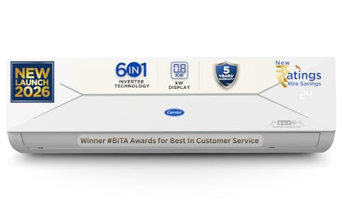 Carrier 1 Ton 3 Star Flexicool Inverter Split AC (Copper, Convertible 6-in-1 with Smart Energy Display, Insta Cool, Auto Clean, PM 2.5 Filter,New BEE rated, ESTER EDGE Gxi-CAI12EE3R36F0, White)