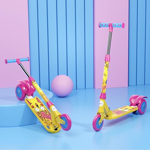 Lifelong Kick Scooter Adjustable Height, Foldable Design, with Side Stand, Skate Scooter for Kids, 6month Manufacturers Warranty, 50Kg Weight Capacity, (Yellow & Pink)