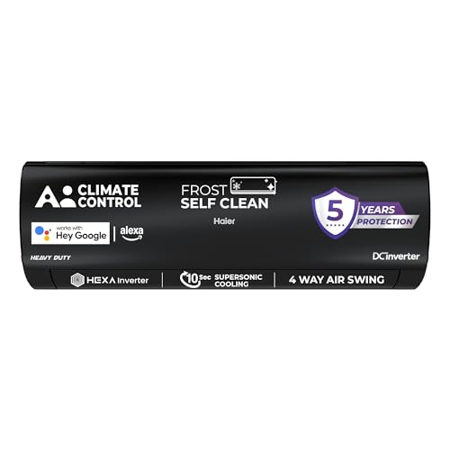 Haier Black Edition 1.5 Ton 5 Star AI Climate Control Smart Split AC (5460 Watts, Copper, HEXA Inverter, Heavy Duty, 4-Way Swing, Frost Clean, HD Filter, Cools at 60°C-HSU19K-PZAIB5BN-INV, Black)