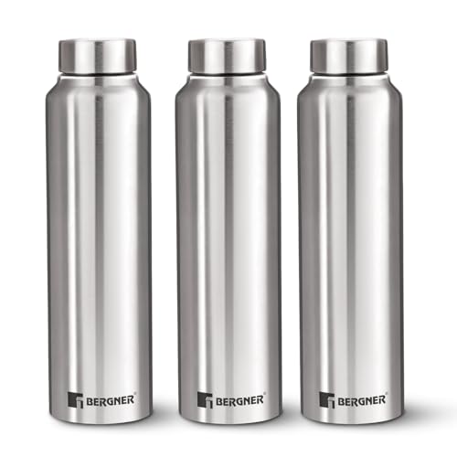 Bergner Walking Stainless Steel 3 Pcs (1000ml Each) Water Bottles with Screw Cap, Rustproof, Airtight & Leakproof Steel Bottle Set of 3, for Office, Home, College, Gym, Travel, Easy to Carry – Silver