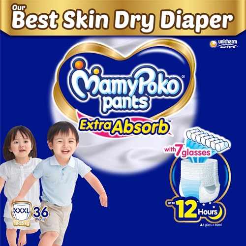 Mamypoko pants Extra Absorb| Pant Style Baby Diapers (XXXL), 36 Count, 18-35kg||Deep Sleep Diapers| Soft gentle fit |Deep Absorbent Crisscross | skin friendly with coconut oil