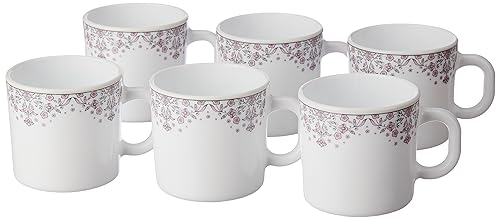 Larah by BOROSIL Lark Opalware Mug, Set of 6 Tea/Coffee Mugs, 180 ml Each, Microwave & Dishwasher Safe, Bone-Ash Free, Crockery Set Ideal for Daily Use & Gifting, White