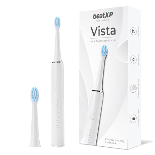 beatXP Vista Sonic Electric Toothbrush for Adults with 2 Brush Heads & 5 Cleaning Modes | Rechargeable Electric Toothbrush | 30000 strokes/min with Long Battery Life (White)