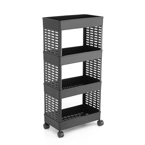 UniqSkins – 4-Layer Plastic Storage Rack, Heavy-Duty PP Material, Matte Black, 28x25x43 cm, Open Shelf Design with Wheels, Tool-Free Assembly